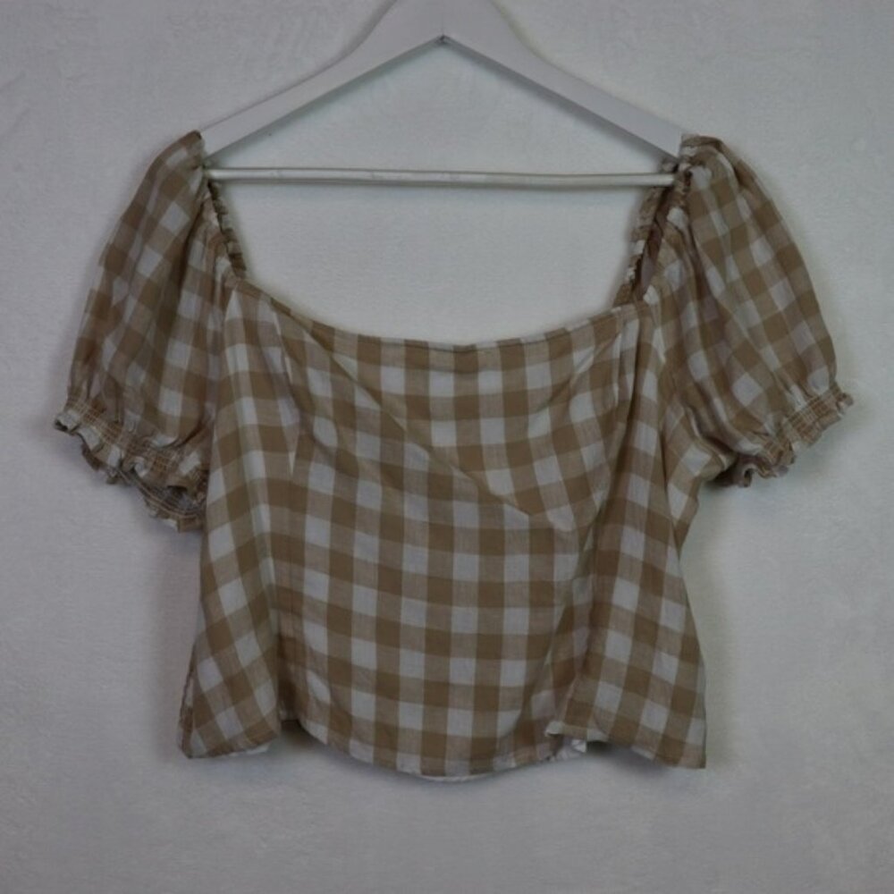 ABERCROMBIE & FITCH Tan Gingham Smocked Puff Sleeve Crop Top Size XL
